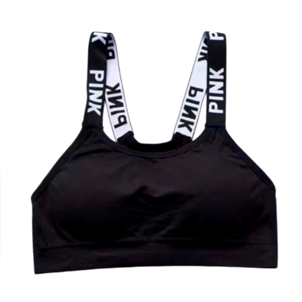 Women's Sports Bra. Black with white letters “PINK”